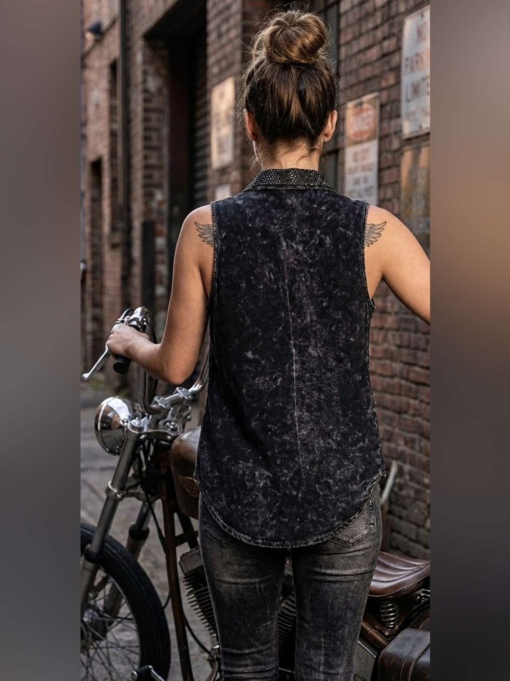 Vocal Black Mineral-Wash Sleeveless Studded Button-Down Shirt - Biker Apparel - Picture 2 of 8